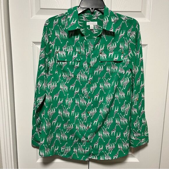 Charter Club Women’s Green Giraffe Animal Print Button Down Shirt size small - Picture 2 of 7